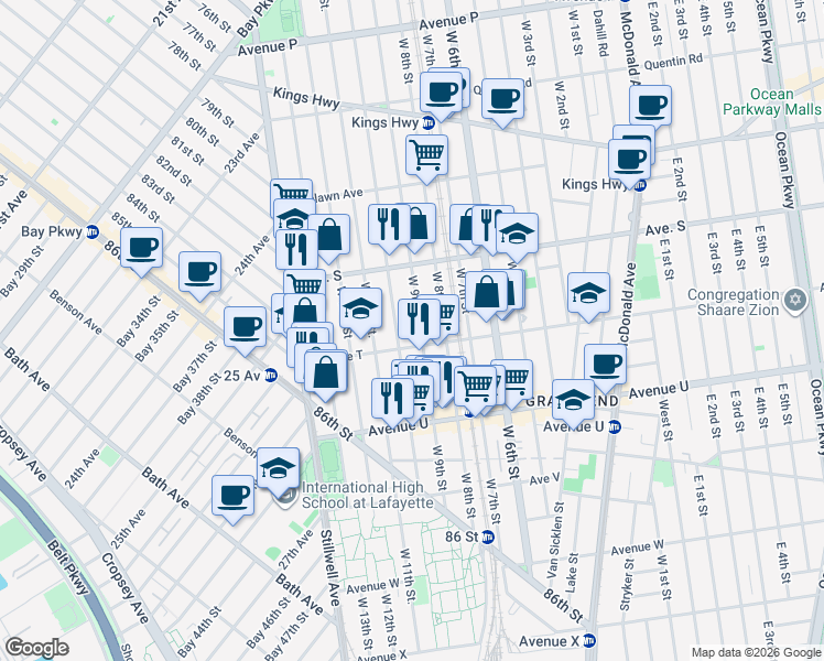 map of restaurants, bars, coffee shops, grocery stores, and more near 1971 West 10th Street in Brooklyn
