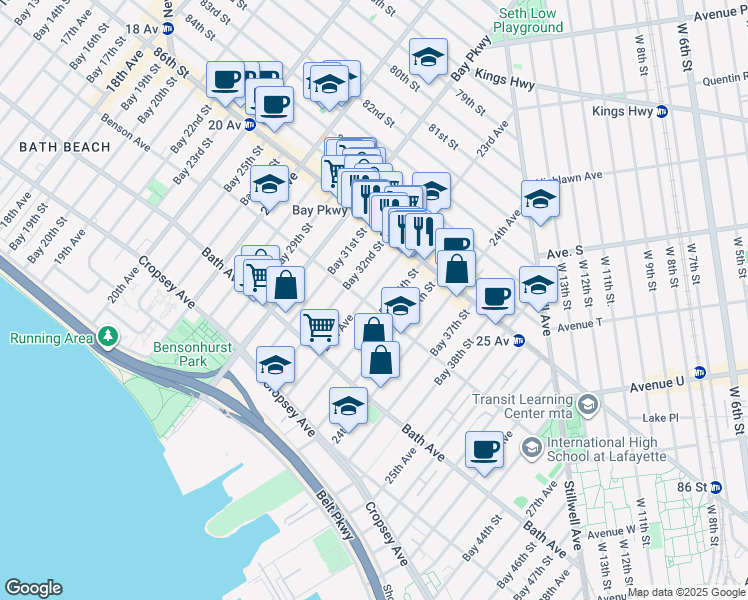 map of restaurants, bars, coffee shops, grocery stores, and more near 2260 Benson Avenue in Brooklyn