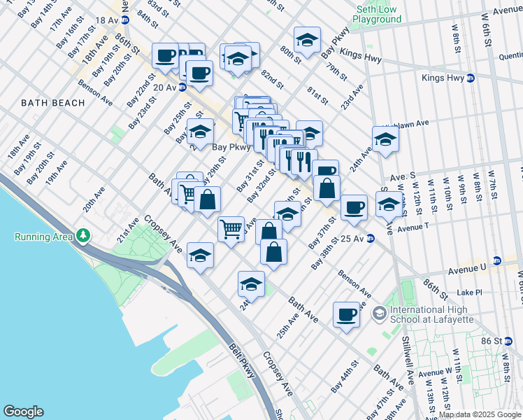map of restaurants, bars, coffee shops, grocery stores, and more near 2260 Benson Avenue in Brooklyn