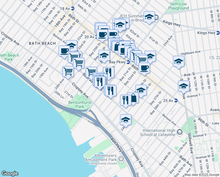 map of restaurants, bars, coffee shops, grocery stores, and more near 8735 Bay Parkway in Brooklyn