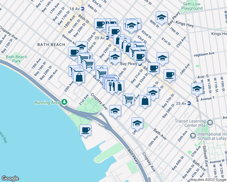 map of restaurants, bars, coffee shops, grocery stores, and more near 2149 Bath Avenue in Brooklyn