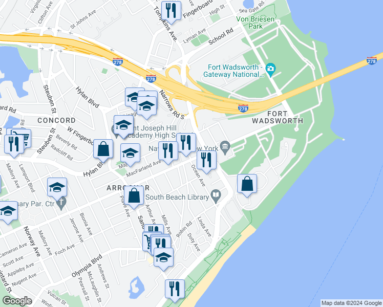 map of restaurants, bars, coffee shops, grocery stores, and more near 25 Florida Avenue in Staten Island