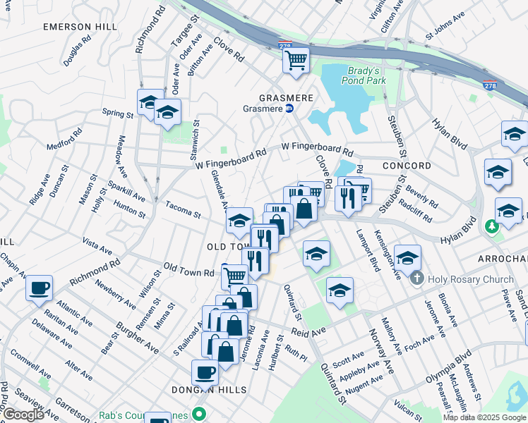 map of restaurants, bars, coffee shops, grocery stores, and more near 121 Fayette Avenue in Staten Island
