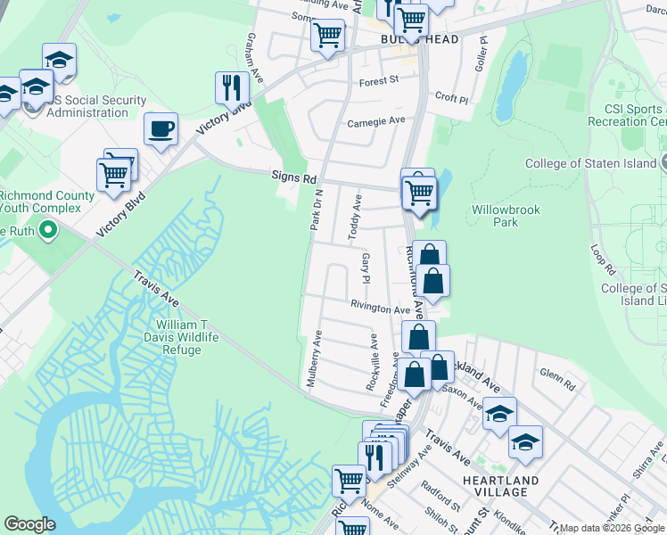 map of restaurants, bars, coffee shops, grocery stores, and more near 66 Mulberry Circle in Staten Island