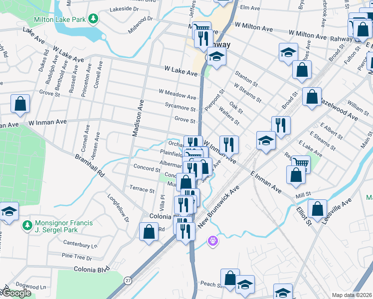 map of restaurants, bars, coffee shops, grocery stores, and more near 280 Orchard Street in Rahway
