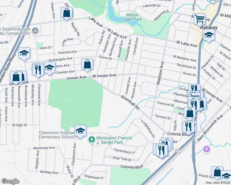 map of restaurants, bars, coffee shops, grocery stores, and more near 93 Princeton Avenue in Rahway