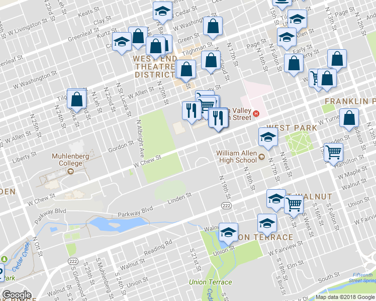 map of restaurants, bars, coffee shops, grocery stores, and more near 1928 West Chew Street in Allentown