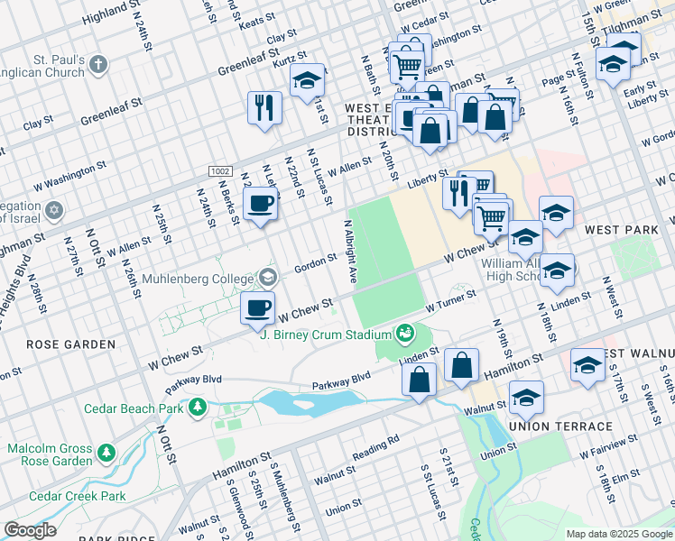 map of restaurants, bars, coffee shops, grocery stores, and more near 2202-2212 Gordon Street in Allentown