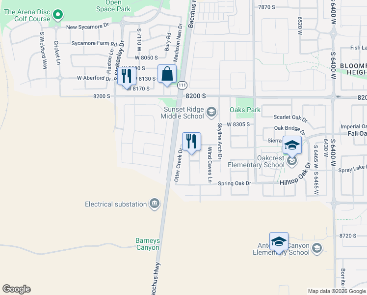 map of restaurants, bars, coffee shops, grocery stores, and more near 6963 Otter Creek Drive in West Jordan
