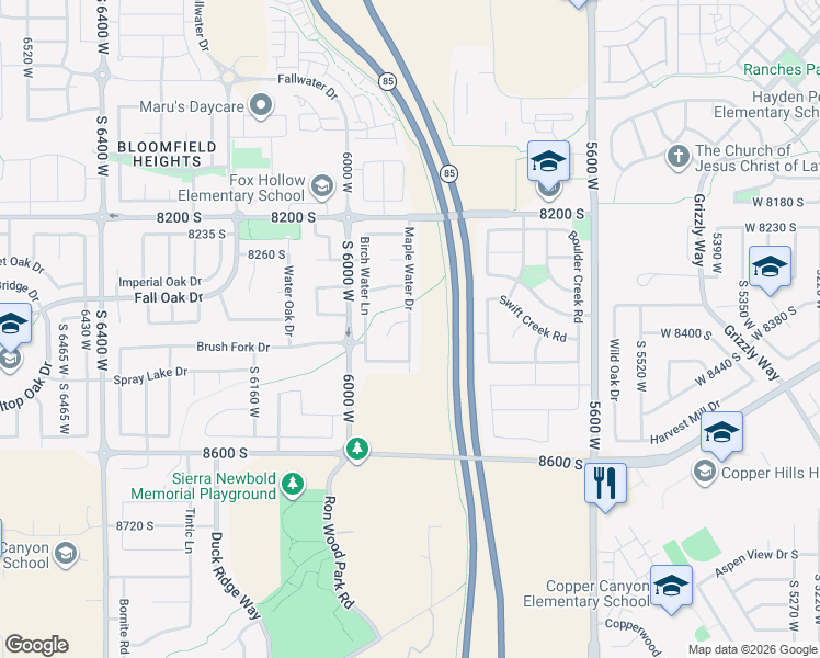 map of restaurants, bars, coffee shops, grocery stores, and more near 8402 Maple Water Drive in West Jordan