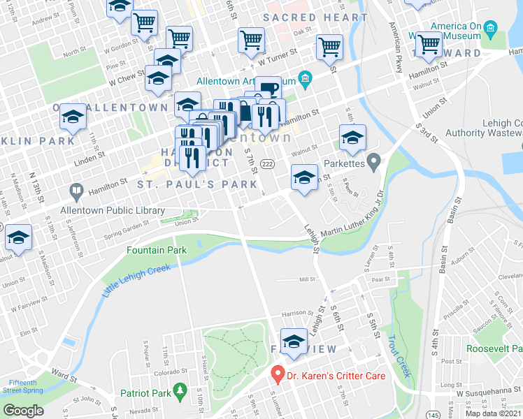 map of restaurants, bars, coffee shops, grocery stores, and more near 700 Union Street in Allentown