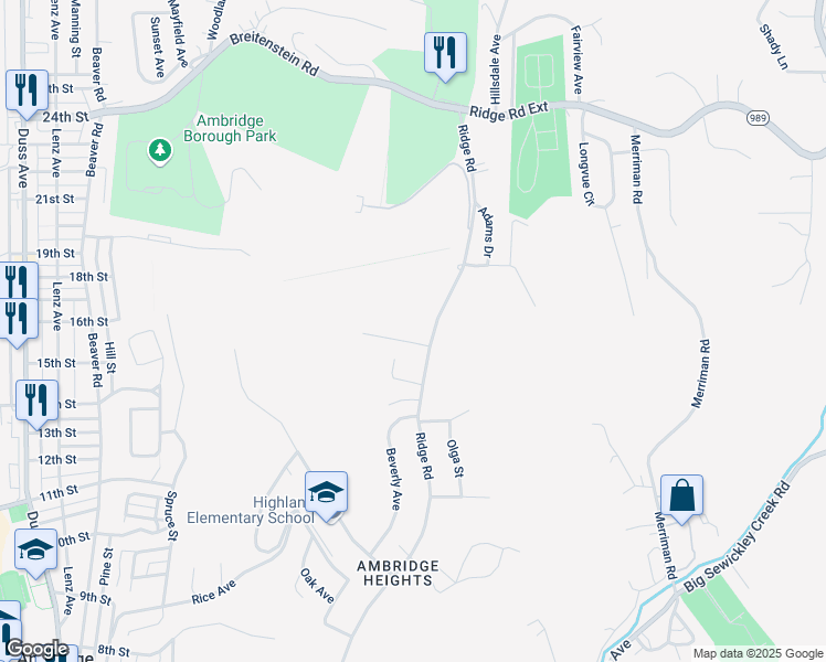 map of restaurants, bars, coffee shops, grocery stores, and more near 1481 Oakridge Dr in Ambridge