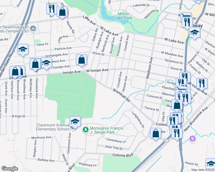 map of restaurants, bars, coffee shops, grocery stores, and more near 93 Princeton Avenue in Rahway