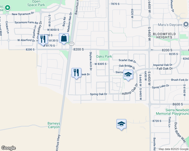 map of restaurants, bars, coffee shops, grocery stores, and more near 8392 Oak Vista Drive in West Jordan