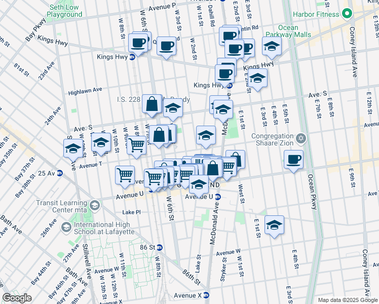 map of restaurants, bars, coffee shops, grocery stores, and more near 332 Avenue T in Brooklyn