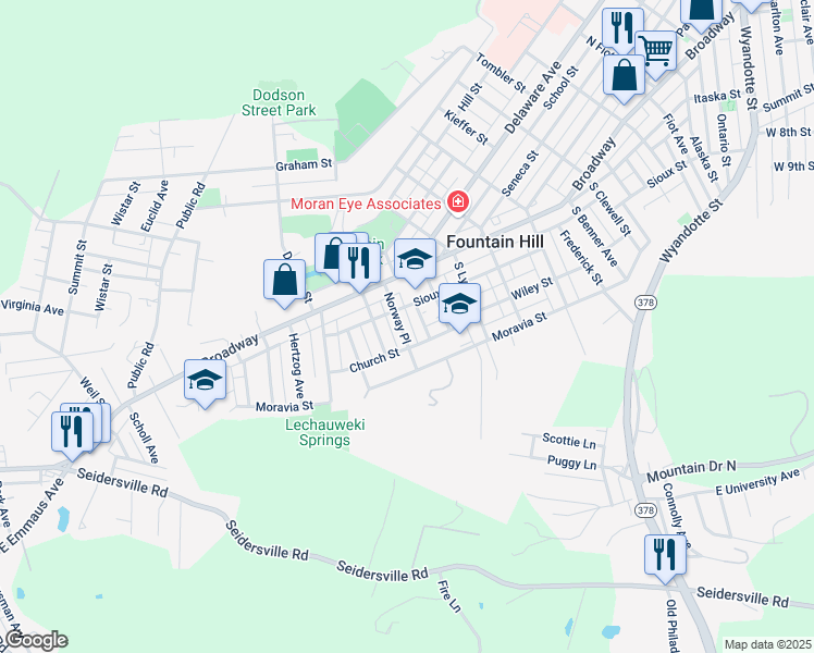 map of restaurants, bars, coffee shops, grocery stores, and more near 608 Norway Place in Fountain Hill