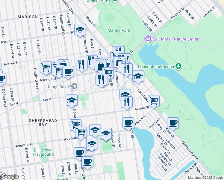 map of restaurants, bars, coffee shops, grocery stores, and more near Avenue V & Bragg Street in Brooklyn