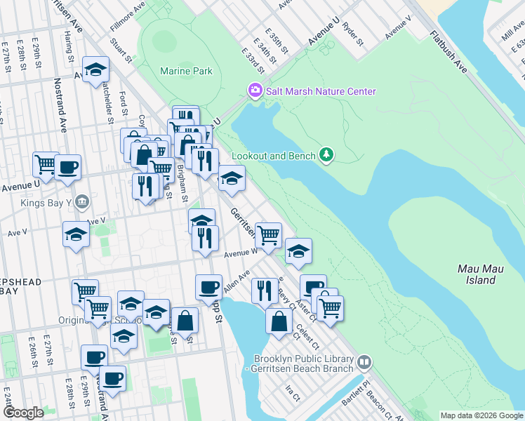 map of restaurants, bars, coffee shops, grocery stores, and more near 2401 Stuart Street in Brooklyn
