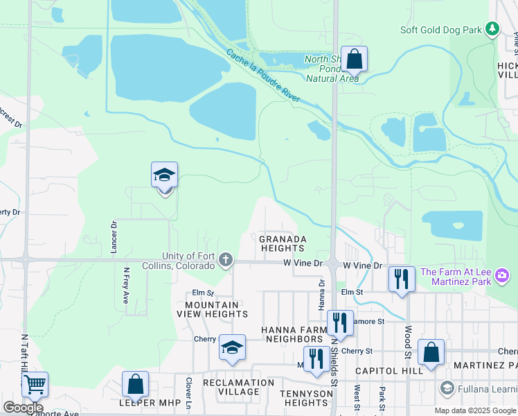 map of restaurants, bars, coffee shops, grocery stores, and more near 849 Aztec Drive in Fort Collins