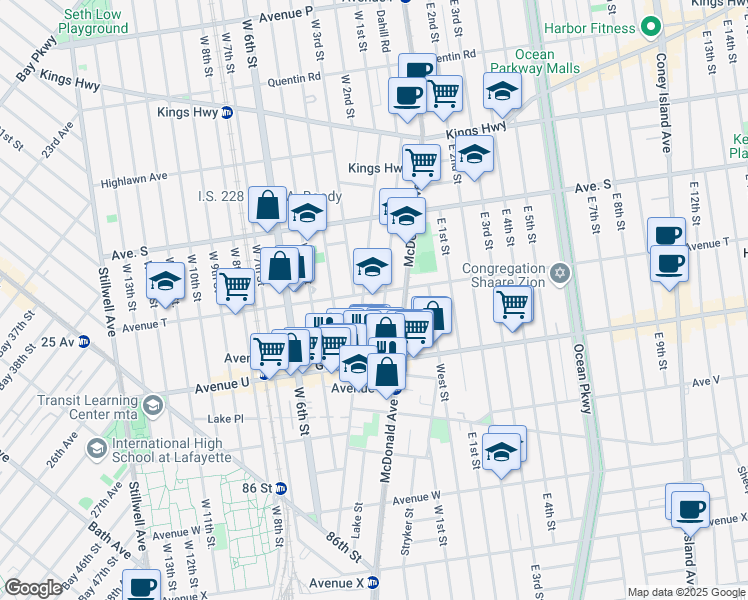 map of restaurants, bars, coffee shops, grocery stores, and more near 294 Avenue T in Brooklyn