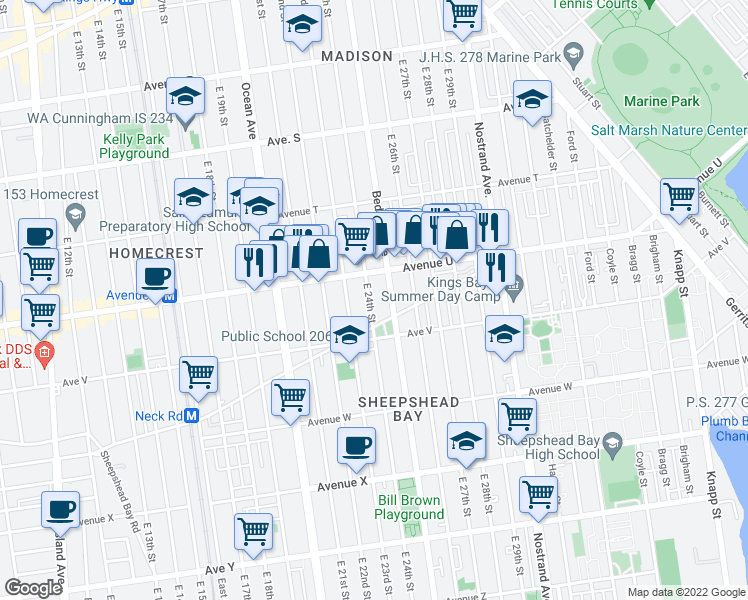 map of restaurants, bars, coffee shops, grocery stores, and more near 2135 East 24th Street in Brooklyn