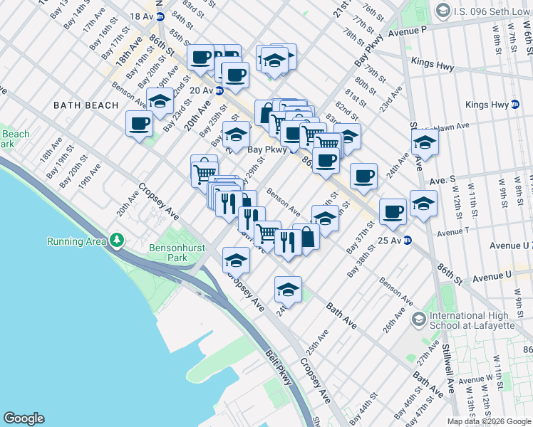 map of restaurants, bars, coffee shops, grocery stores, and more near 114 Bay 32nd Street in Brooklyn