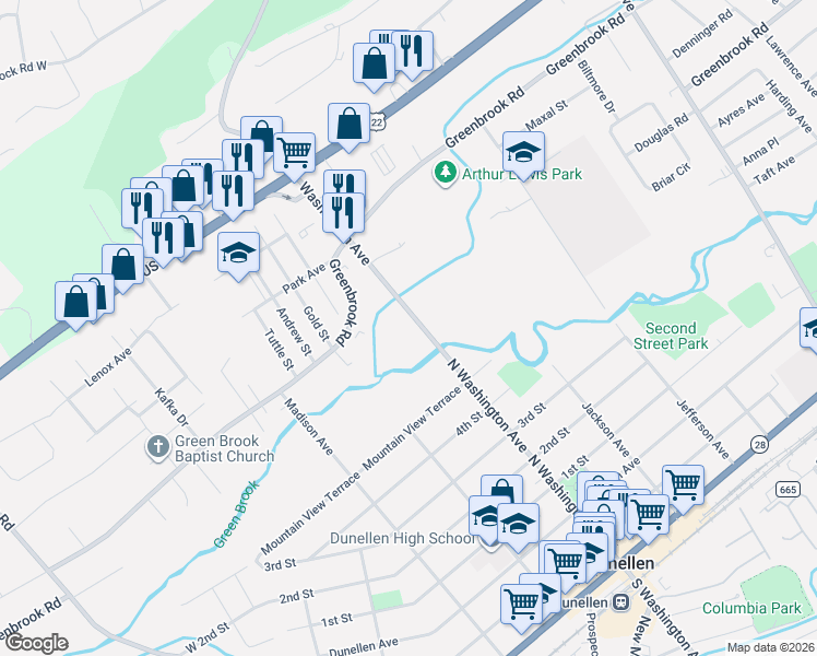 map of restaurants, bars, coffee shops, grocery stores, and more near 911-913 North Washington Avenue in Green Brook Township