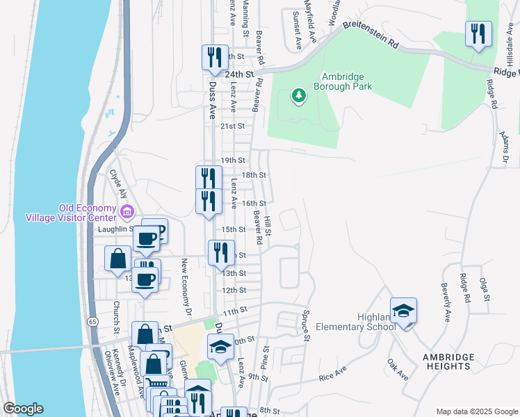 map of restaurants, bars, coffee shops, grocery stores, and more near 1532 Beaver Road in Ambridge