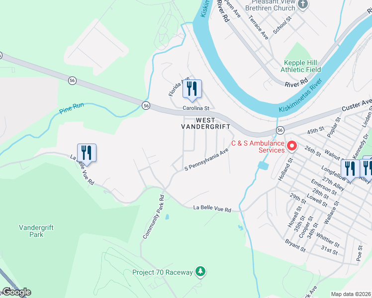 map of restaurants, bars, coffee shops, grocery stores, and more near 136 Indiana Avenue in Vandergrift