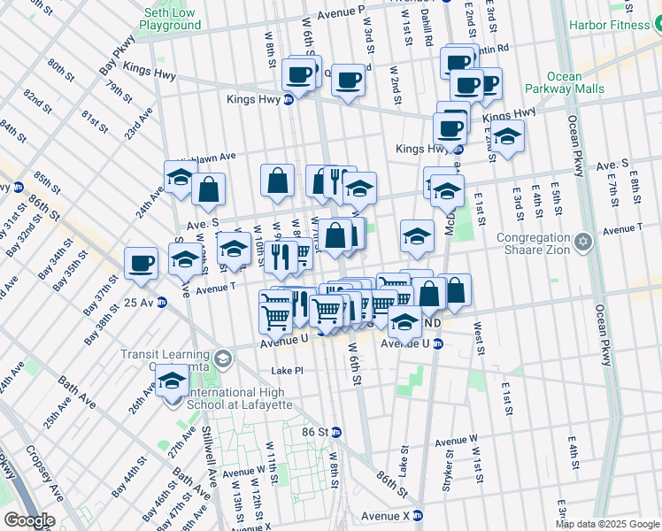 map of restaurants, bars, coffee shops, grocery stores, and more near 181 Avenue T in Brooklyn