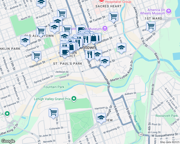 map of restaurants, bars, coffee shops, grocery stores, and more near 700 Union Street in Allentown