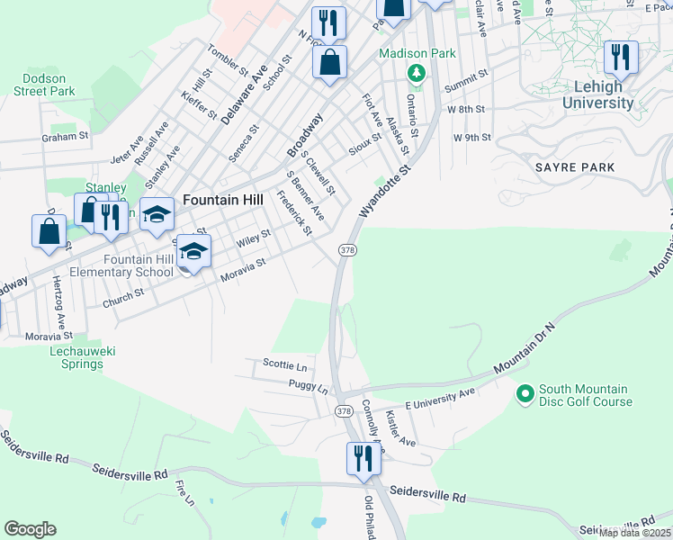 map of restaurants, bars, coffee shops, grocery stores, and more near 3878 Pennsylvania 378 in Bethlehem