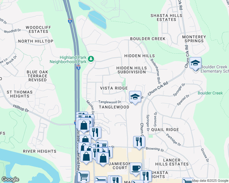 map of restaurants, bars, coffee shops, grocery stores, and more near 957 Montcrest Drive in Redding