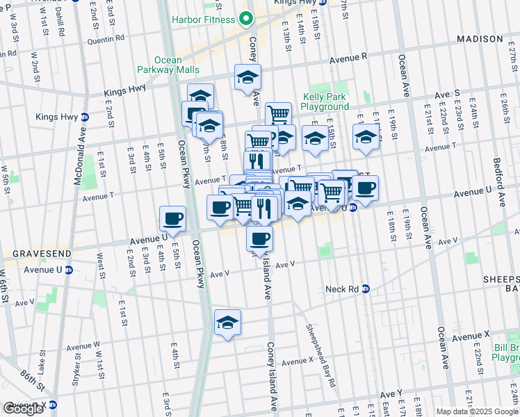 map of restaurants, bars, coffee shops, grocery stores, and more near 2059 East 9th Street in Brooklyn