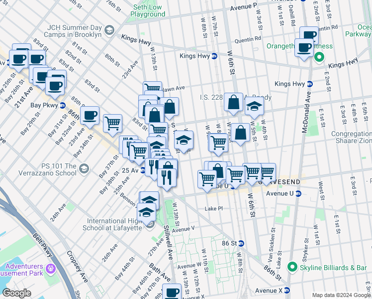 map of restaurants, bars, coffee shops, grocery stores, and more near 1970 West 11th Street in Brooklyn