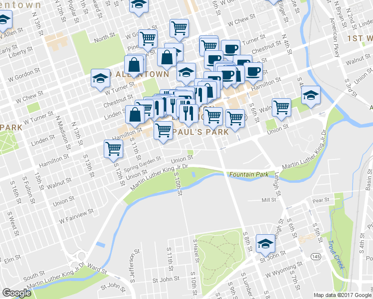 map of restaurants, bars, coffee shops, grocery stores, and more near 901 Jackson Street in Allentown
