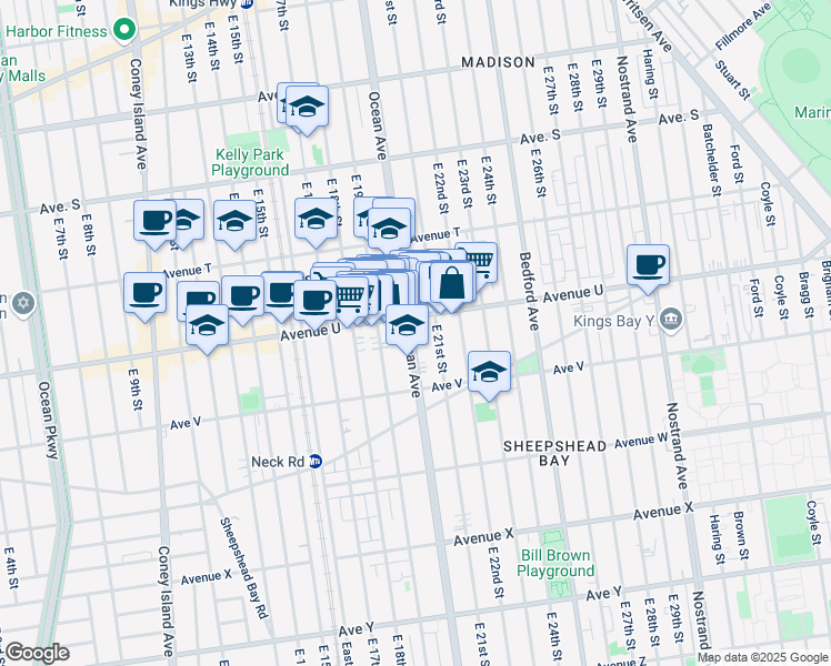 map of restaurants, bars, coffee shops, grocery stores, and more near 1928 Avenue U in Brooklyn