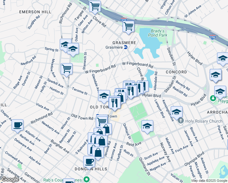 map of restaurants, bars, coffee shops, grocery stores, and more near 121 Fayette Avenue in Staten Island