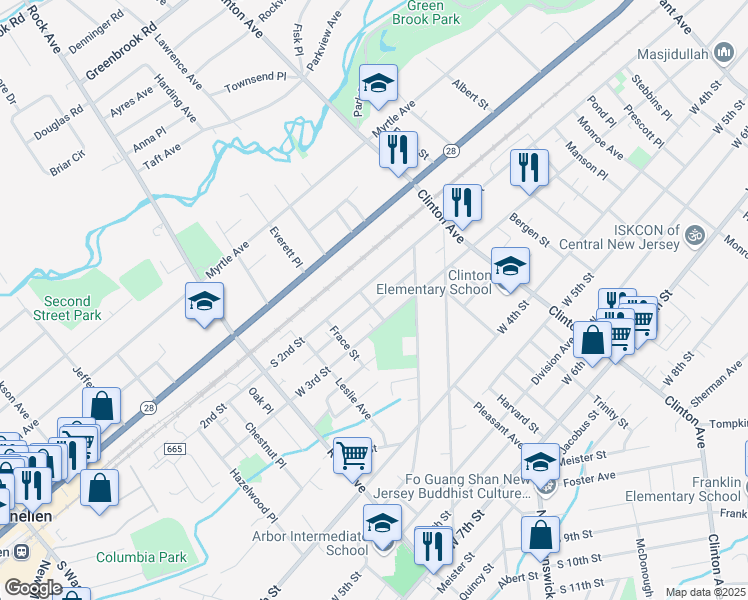 map of restaurants, bars, coffee shops, grocery stores, and more near 1430 Willever Street in Plainfield