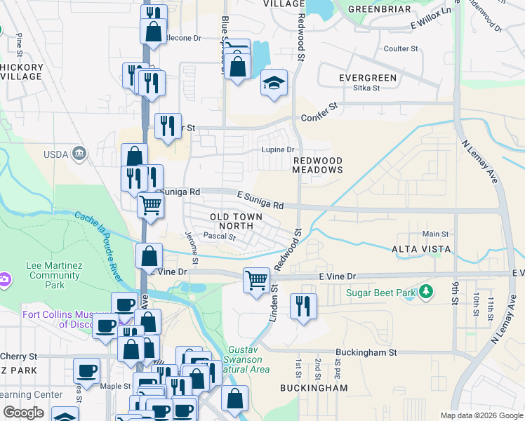 map of restaurants, bars, coffee shops, grocery stores, and more near 434 Emmaus Lane in Fort Collins