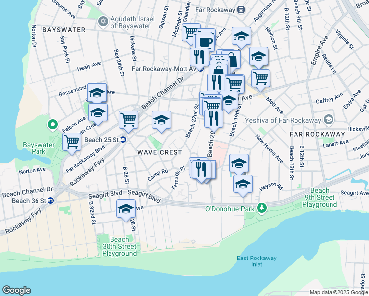 map of restaurants, bars, coffee shops, grocery stores, and more near 4-44 Beach 22nd Street in Queens