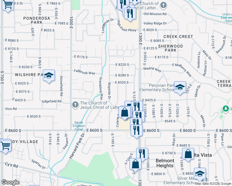 map of restaurants, bars, coffee shops, grocery stores, and more near 8382 South Fayeway Drive in Sandy