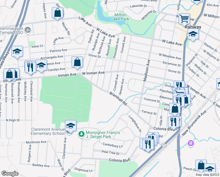 map of restaurants, bars, coffee shops, grocery stores, and more near 93 Princeton Avenue in Rahway