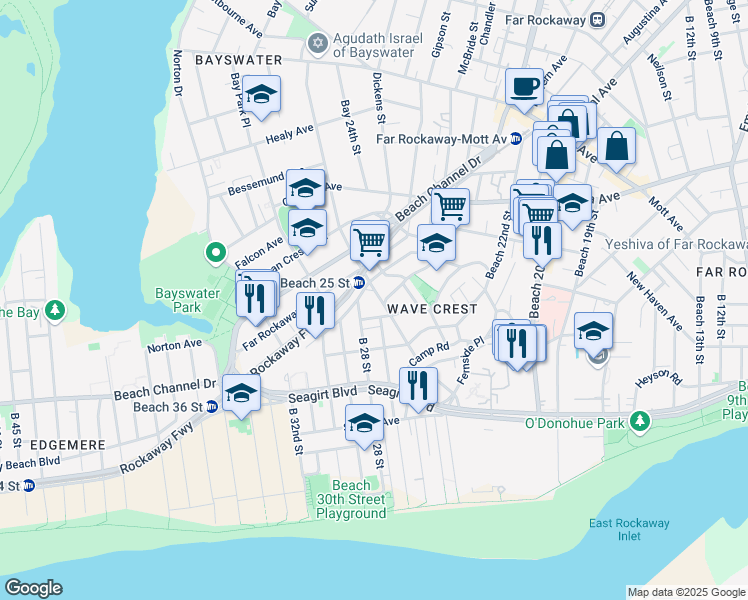 map of restaurants, bars, coffee shops, grocery stores, and more near 525 Beach 25th Street in Queens