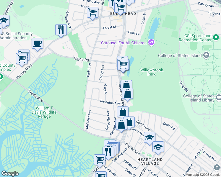 map of restaurants, bars, coffee shops, grocery stores, and more near 44 Freedom Avenue in Staten Island