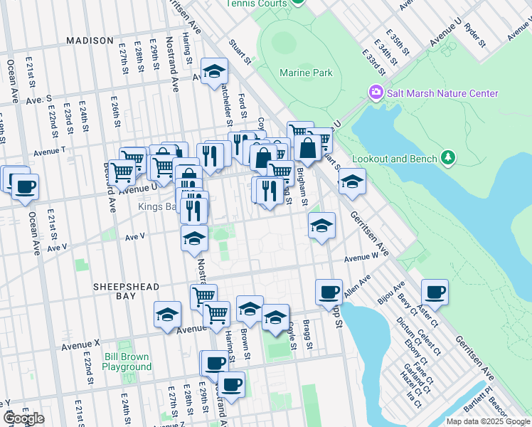 map of restaurants, bars, coffee shops, grocery stores, and more near 2178 Ford Street in Brooklyn