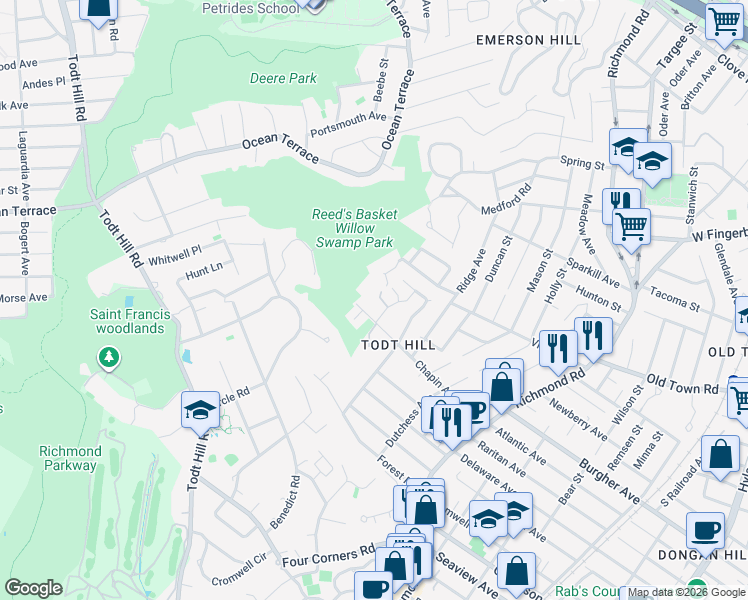 map of restaurants, bars, coffee shops, grocery stores, and more near 44 Hillview Place in Staten Island