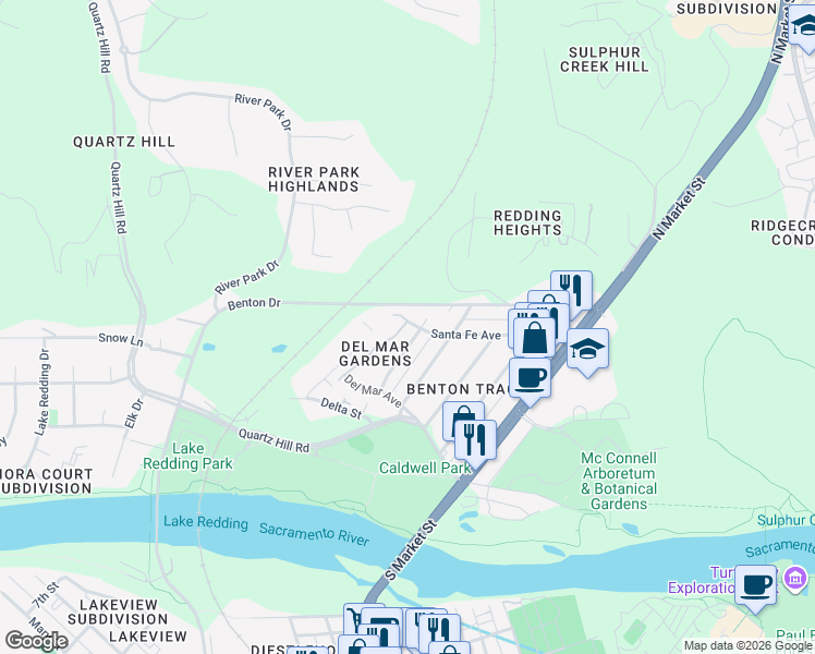 map of restaurants, bars, coffee shops, grocery stores, and more near 645 Christine Avenue in Redding