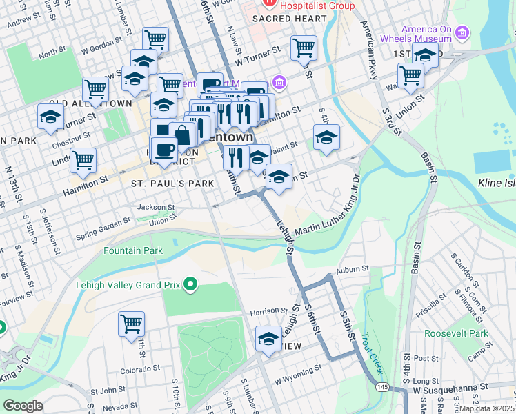 map of restaurants, bars, coffee shops, grocery stores, and more near 240 Lehigh Street in Allentown