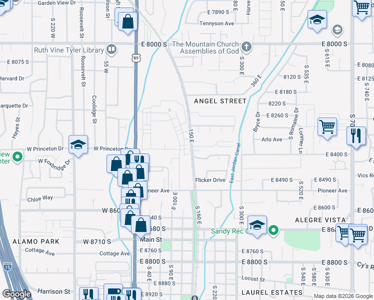 map of restaurants, bars, coffee shops, grocery stores, and more near 8300 150 East in Sandy
